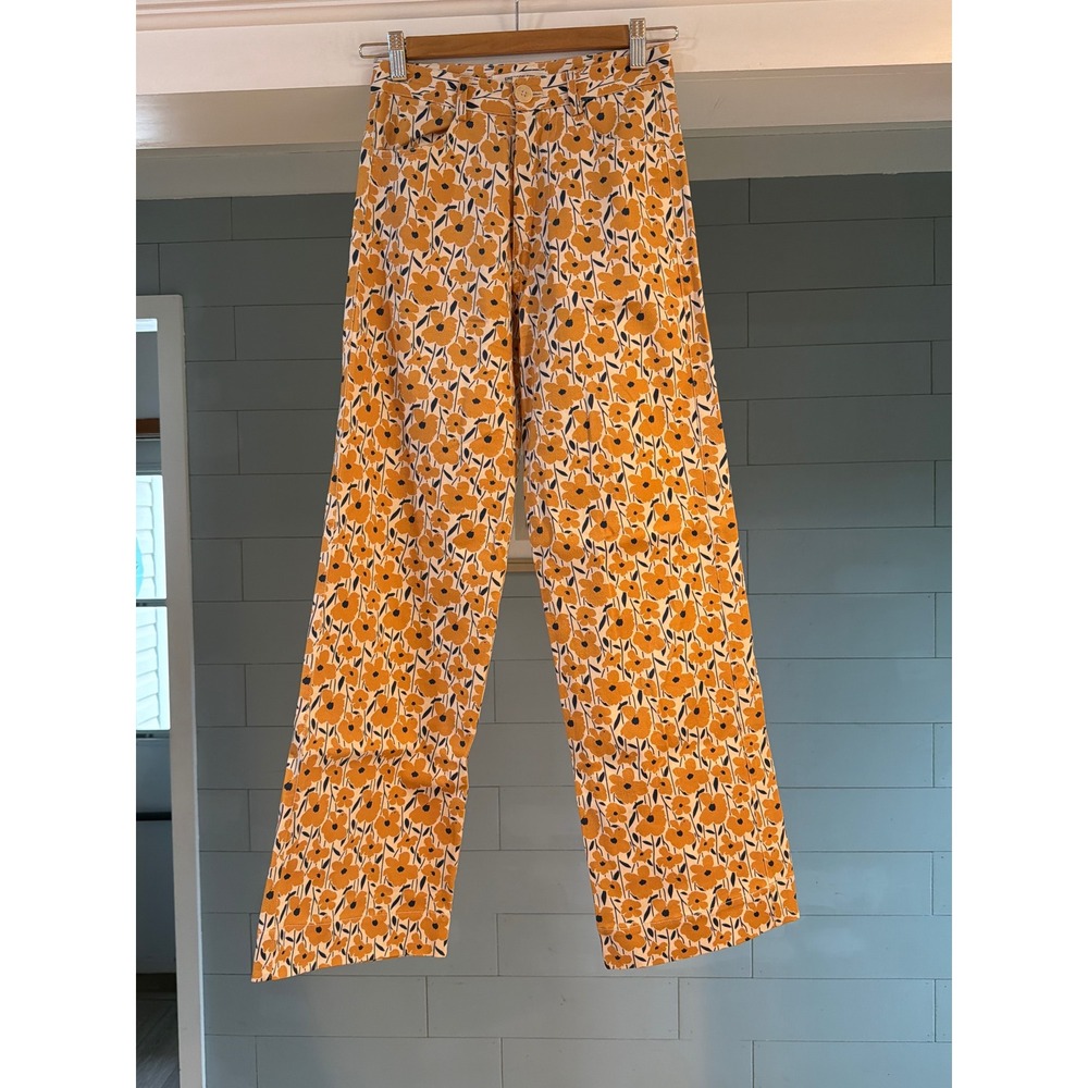 Emerson Fry Yellow Floral Poppy Print Wide Leg Organic Cotton Pants XXS